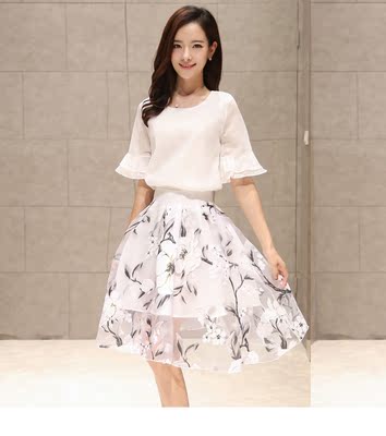 2015夏季最新款韩版好看甜美时尚雪纺短袖中长款两件套连衣裙女