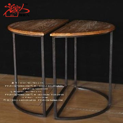 美式乡村铁艺茶几复古防锈做旧实木半圆桌子个性简约沙发边几边桌