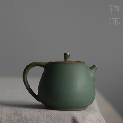 【初沫】 日式手工 粗陶茶壶 急须 养茶壶 140cc 绿釉 圈把