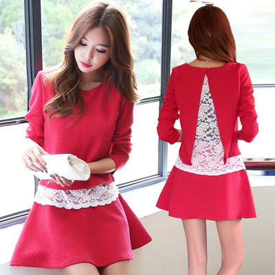 实拍2016年秋季装韩版甜美学院淑女蕾丝镂空红色两件套连衣裙女装