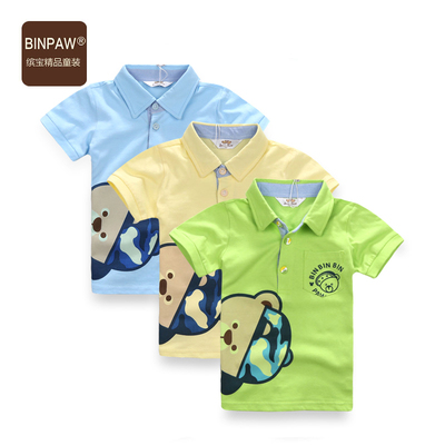 binpaw童装2015夏装男童t恤儿童韩版全棉时尚牛仔领翻领短袖T恤