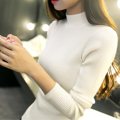 107女装韩版简约螺纹半高领修身弹力长袖T恤薄毛衣打底衫针织
