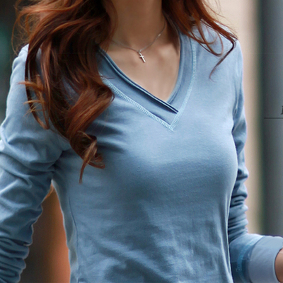 2015韩版春装新款女大码修身长袖t恤女上衣V领纯棉打底衫女