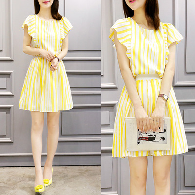 2016夏装新品韩版时尚女装糖果色甜美条纹两件套装印花拼接连衣裙