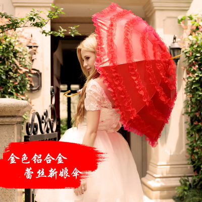 爱斯曼蕾丝花边新娘伞伴娘伞长柄结婚红伞婚礼婚庆喜庆大红色雨伞