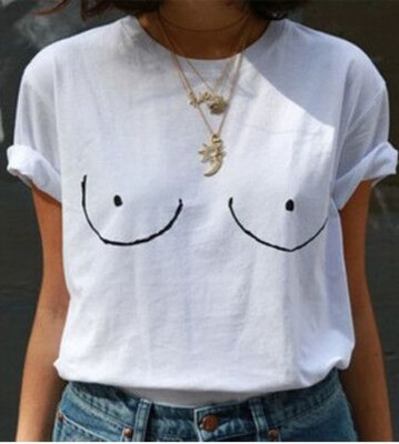 Oh 9Nana新款街头潮人搞怪咪咪胸部印花短袖T恤创意FB宽松大码t夏
