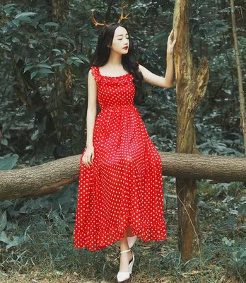 韩版时尚吊带新款 圆点沙滩裙海边度假红色连衣裙无袖大摆长裙夏