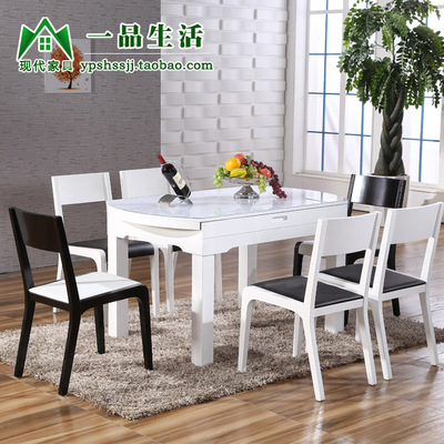 可折叠餐桌椅组合伸缩简约烤漆圆桌子现代钢化玻璃实木方饭桌黑白