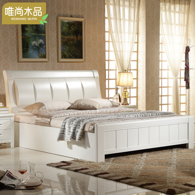 包邮 现代简约中式白色实木床1.5 1.8米双人床储物高箱橡木床家具