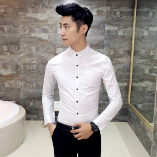 2016秋装新款男士长袖衬衫韩版修身立领衬衣纯色白寸衫 C209-P55