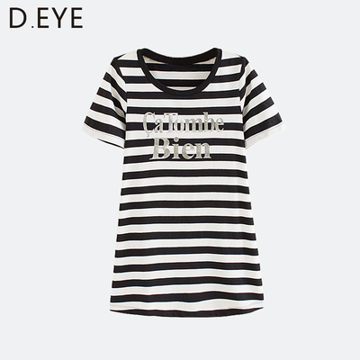 D.eye 女式全棉烫金中长款宽松条纹短袖T恤 日系潮上衣