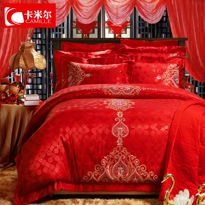 卡米尔 结婚床品 绣花床上用品 婚庆大红色多套件 贡缎提花四件套