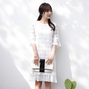 2016韩版夏装新款白色连衣女裙中裙牛奶丝水溶蕾丝镂空拼接荷叶边