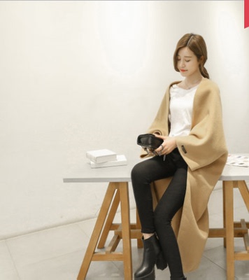 韩国新款时尚茧型斗篷毛呢外套女中长款宽松双面羊绒呢子大衣披肩