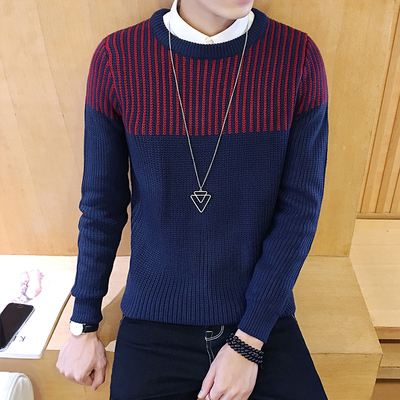 2016年秋冬三波男士针织衫韩版修身圆领套头条纹毛衣男潮