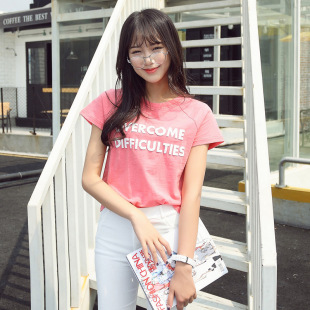 夏季新款韩范学生修身显瘦短袖t恤女字母圆领简约百搭短款薄上衣