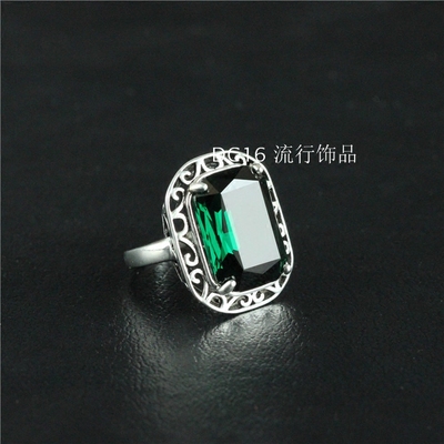欧美复古时尚环保合金镀18K金镶嵌碧绿色人造水晶宝石戒指指环