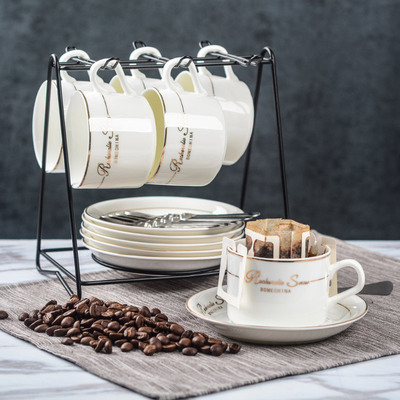 四福 欧式陶瓷杯咖啡杯套装 创意简约家用咖啡杯子6件套 送碟勺架