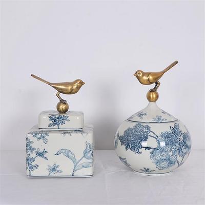 新品特价欧式简欧美式新中式法式青花瓷小鸟铜包瓷陶瓷罐子摆件