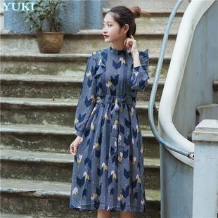 YUKI2016秋季新款韩版宽松显瘦收腰裙子长袖印花中长款雪纺连衣裙