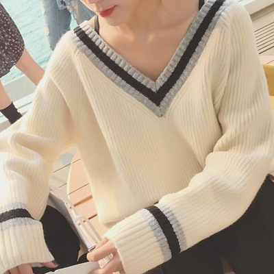 春季韩版学院风大V领外穿前短后长条纹撞色针织衫女长袖宽松毛衣