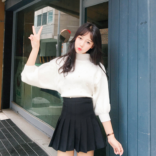 2016秋季新款 韩国时尚钉珠柔软泡泡袖针织纯色针织毛衣女蝙蝠衫