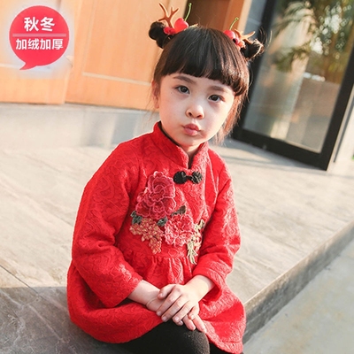 童装连衣裙棉5岁女童加绒加厚长袖裙子红色冬季韩版公主裙新款潮