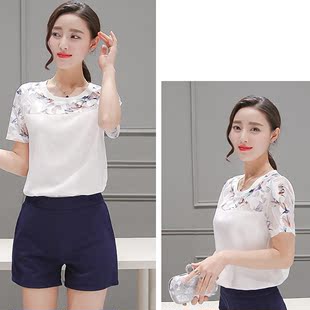 2016夏季新品日韩女装蕾丝拼接雪纺衫上衣配短裤两件套套装女
