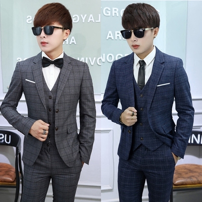 2016新款韩版发型师酒吧婚礼主持修身男士格子三件套马甲套装礼服