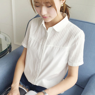 【天天特价】女装夏季2016新款潮韩版清新白色修身短袖衬衫女韩范