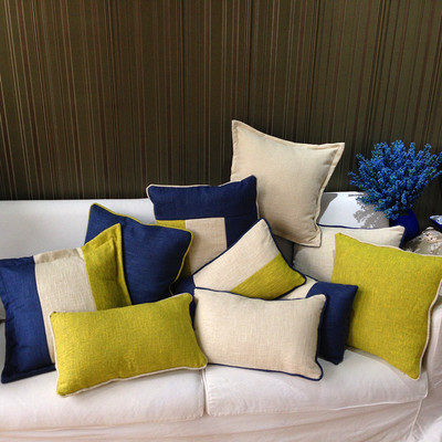 新款 彩色拼接海军风欧式沙发棉麻抱枕头套 办公室纯色靠垫 靠包