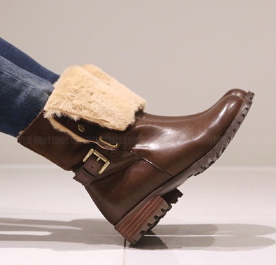 正品韩国女鞋代购秋冬新款15英伦罗马仿皮毛一体挽边皮带扣中筒靴