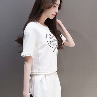 2016新款日韩女装白色绣花短袖上衣+修身短裤流苏两件套时尚套装