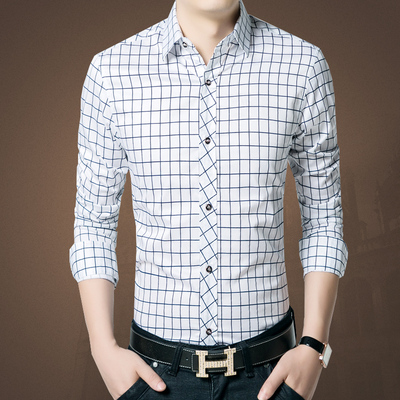 2015新款男士衬衫方领男装青年修身格子衬衣韩版免烫上衣男式四季