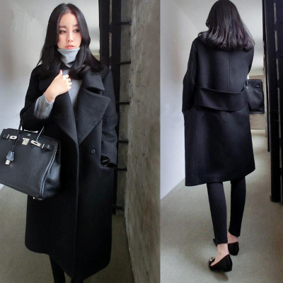 秋冬季新款韩版大码黑色毛呢外套中长款宽松加厚羊毛呢子大衣女装