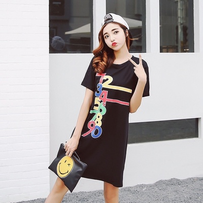 2016新款夏装连衣裙中款韩国宽松显瘦短袖T恤印花数字中裙