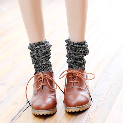 秋冬新款森系复古堆堆袜粗线针织中筒打底袜加厚提花学院风短靴袜