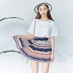 2016新款韩版女装混色条纹夏季半身裙百褶裙