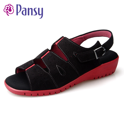 Pansy2015夏季新款日系女休闲绒面露趾坡跟中跟一字扣带凉鞋5952