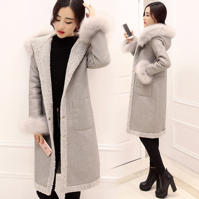 2016冬装新款双面羊羔毛外套女中长款韩国连帽修身显瘦加厚棉衣