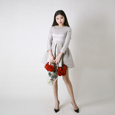 2017秋季新款150cm显高加小码女装高腰中袖银色蓬蓬裙超短连衣裙