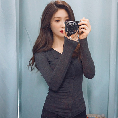 韩版女装时尚性感秋冬T恤女长袖薄款修身上衣打底衫韩版拼接翻领