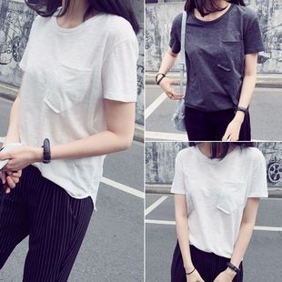 女装/女士精品短袖韩版常规其他深灰色直筒口袋圆领通勤纯色T恤