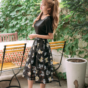 特价长裙图案短袖常规通勤套头韩版蝴蝶结两件套夏季系带连衣裙