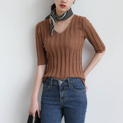 2016秋冬新款韩版修身V字领中袖女式毛衣竖罗纹针织毛衫