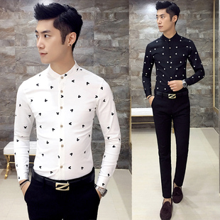 夏季韩版男士长袖衬衫青年修身薄款印花立领衬衣休闲男装发型师款