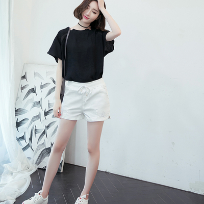 2016夏季短袖新款韩版时尚休闲气质运动纯白甜美直筒宽松棉短裤