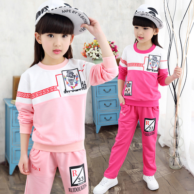 2016粉色套头常规新款女童春装运动套装中大童休闲两件套小孩衣服