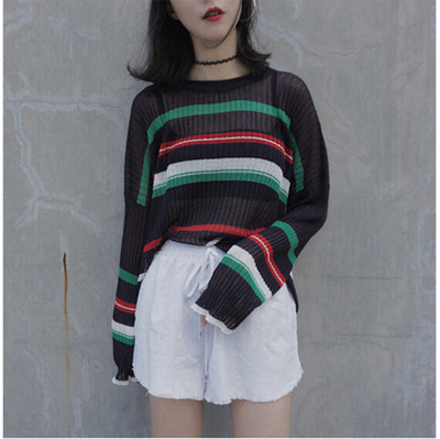 2016秋装  新款韩国彩条纹喇叭袖圆领套头针织衫 女 装 包邮