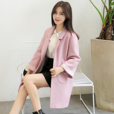 双面羊绒大衣女2016新款韩版秋冬装修身绣花中长款羊毛呢子外套